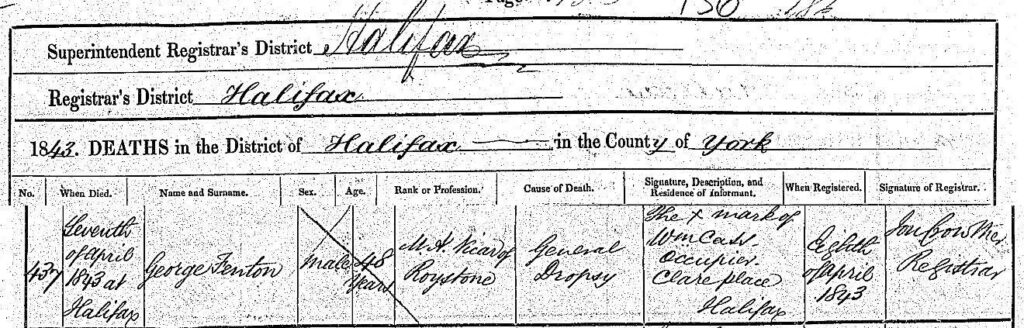 image shows excerpt of Rev George Fenton's death certificate
