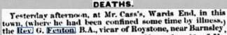 image shows death announcement of Rev George Fenton in Halifax Guardian newspaper