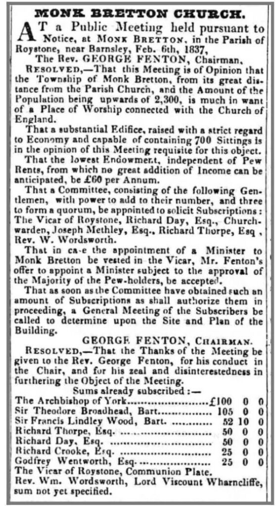 Image shows announcement in Leeds Intelligencer and Yorkshire General Advertiser newspaper on the construction of a new church at Monk Bretton, Barnsley