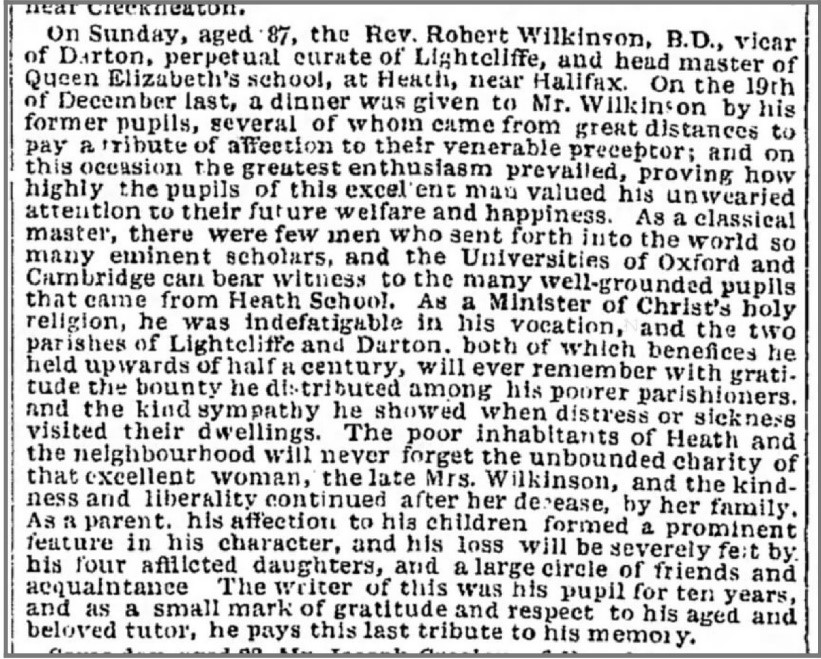 Image shows death announcement of Rev Robert Wilkinson, the father of Lydia Fenton
