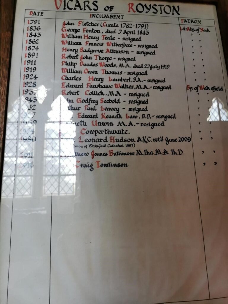 Image shows list of vicars of the parish of Royston St John the Baptist, Yorkshire, lisiting Rev George Fenton 1836-1843
