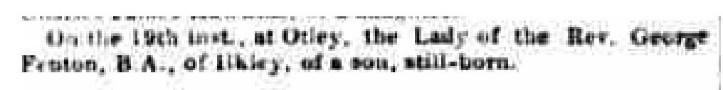 Image shows birth announcement of stillborn son to Lydia and Rev George Fenton from Hull packet newspaper