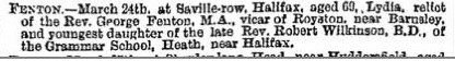 image shows death announcement of Lydia Fenton in the Leeds Mercury newspaper