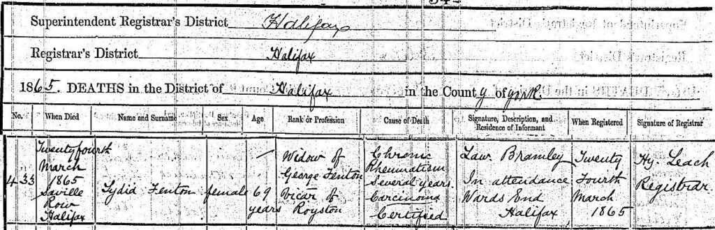 Image shows excerpt of Lydia Fenton's death certificate