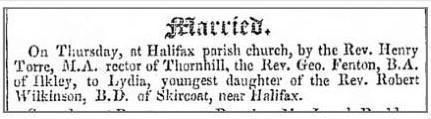 Image shows marriage announcement from Leeds Mercury newspaper for Lydia Wilkinson and Rev George Fenton