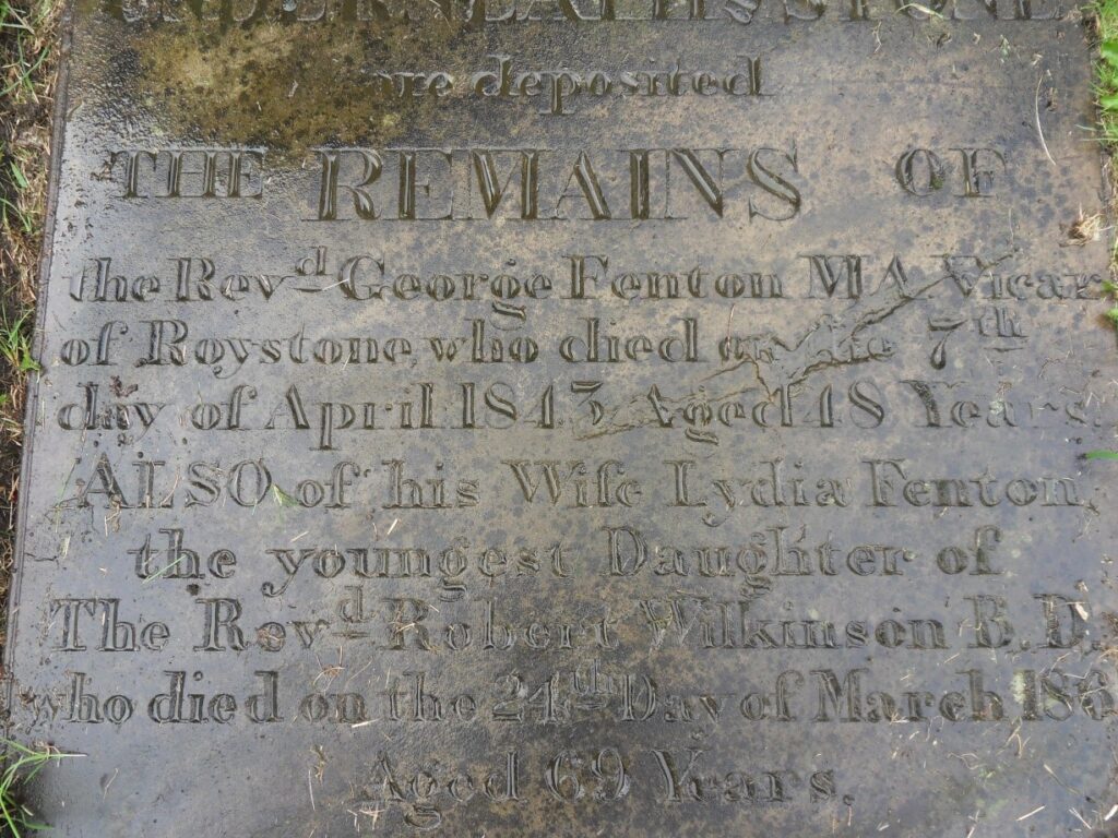 Image shows grave stone of Rev George and Lydia Fenton at St Matthews Churchyard Lightcliffe Halifax