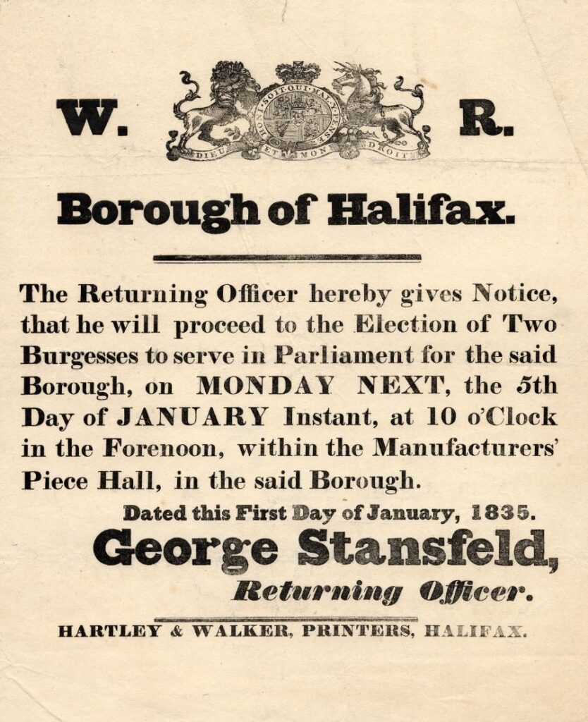 Poster of the 1835 Election Poster. Image used with permission from Calderdale Libraries, Information and Local Studies Department.4