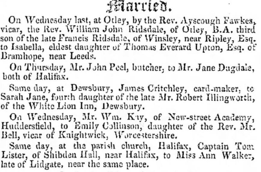 Newspaper mock marriage announcement meant to annoy Anne Lister and Ann Walker from Halifax Express 04 November 1837