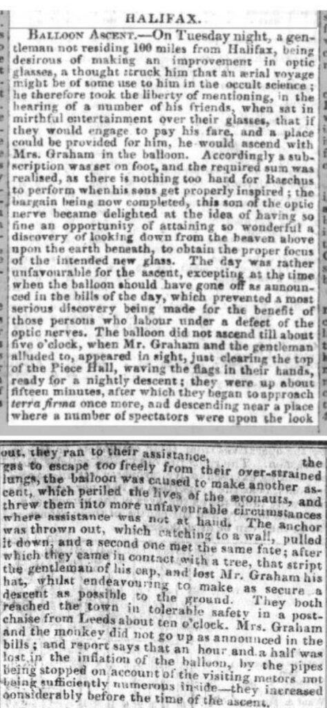Newspaper article about Mrs. Graham's balloon at the Piece Hall from Leeds times 04 November 1837