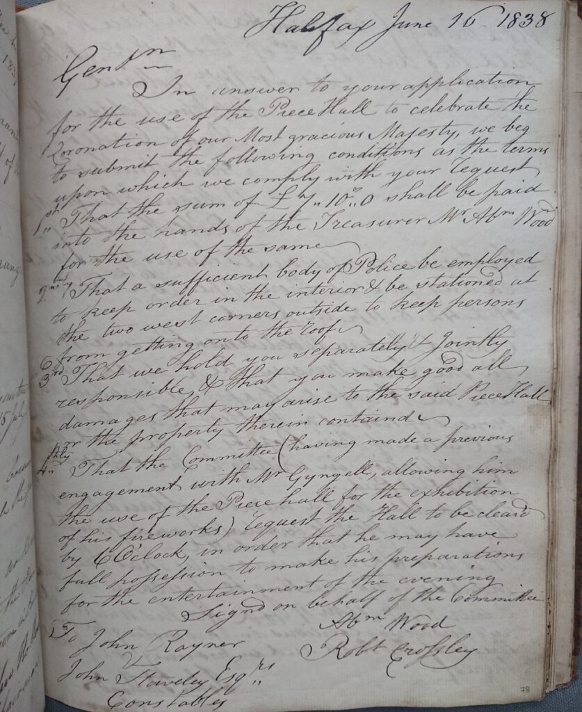 (West Yorkshire Archive Service, Calderdale, WYC-1682) The Piece Hall Management Committee Minutes regarding events for and after Coronation.