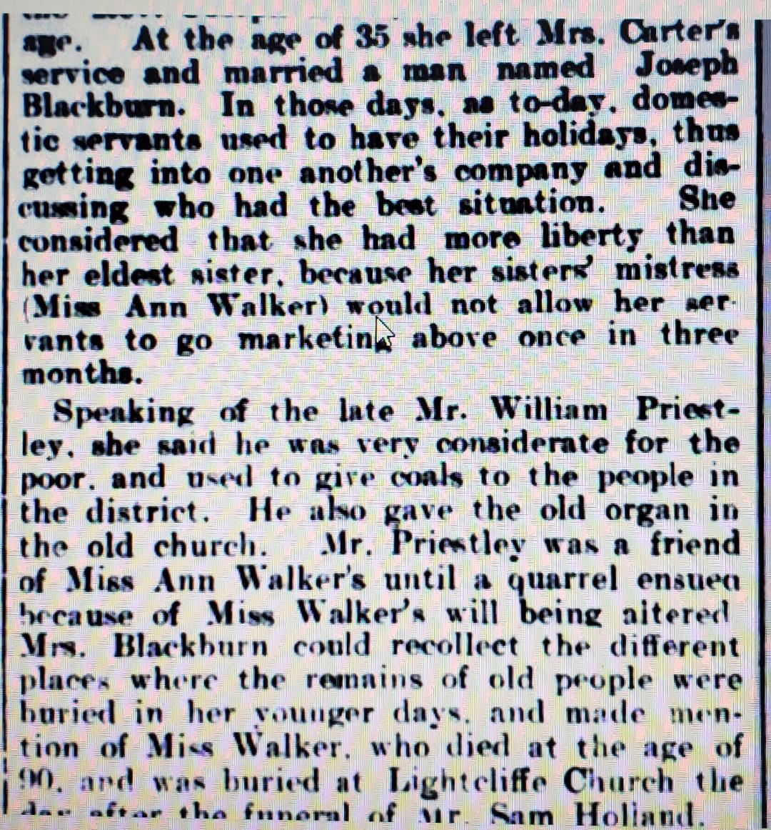Brighouse News 6 April 1900. Interview with a Mrs Blackburn remembering Ann Walker Sr.