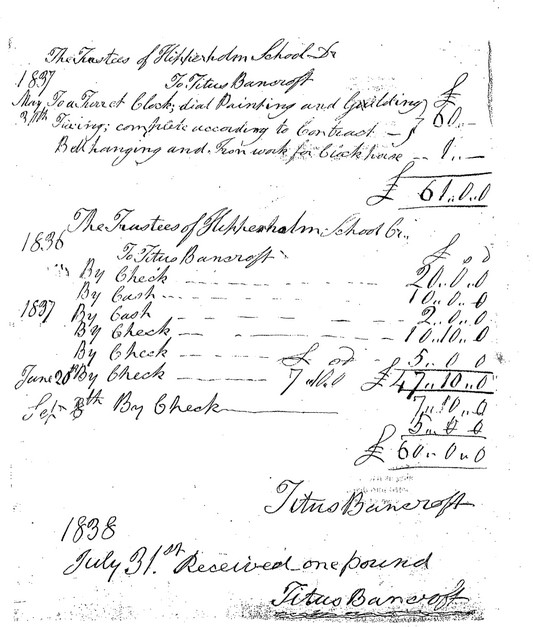 Copy of the document from the trustees of Hipperholme Grammar School to Titus Bancroft of the cost of the clock.