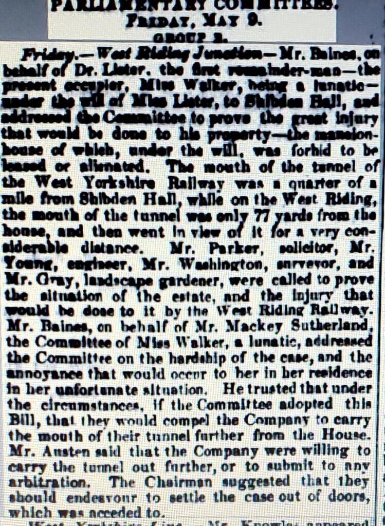 10 May 1845 Herepath's Railway Journal article about Robert Parker speaking at the hearing to stop the railway from being built near Shibden Hall.