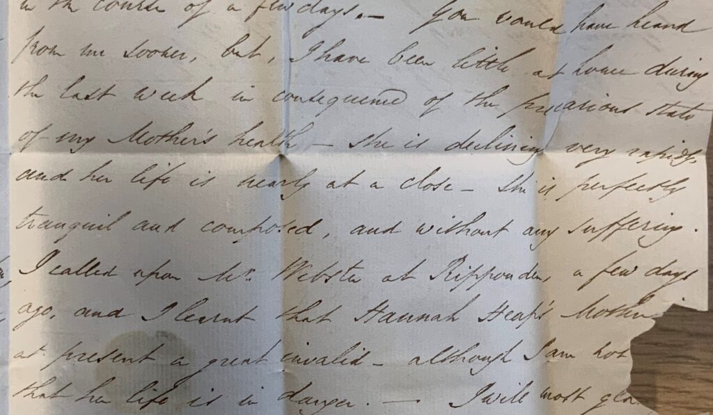 Portion of image of William Priestly's letter to George Sutherland about Hannah Heap's mother. WYAS, Calderdale CN/107/1