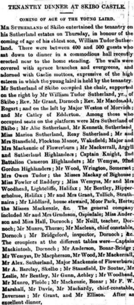 Newspaper clipping of Evan's son William Tudor's coming of age party at Skibo.