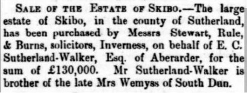 Newspaper announcement of Evan Charles purchasing Skibo estate.