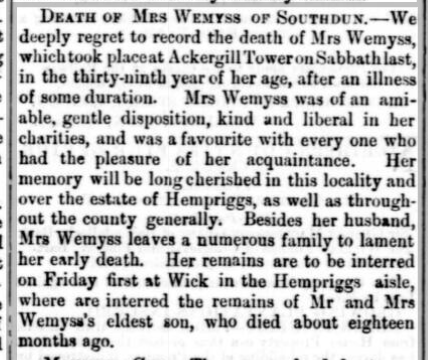 Newspaper image announcing the death of Elizabeth Weymss of Southdun.
