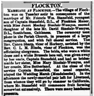 Newspaper clipping of the wedding of Francis Stansfeld and Janet Wemyss.