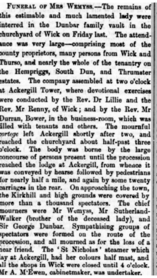 Newspaper account of the funeral of Elizabeth Wemyss.