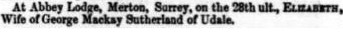 Newspaper death notice for Elizabeth Sutherland.