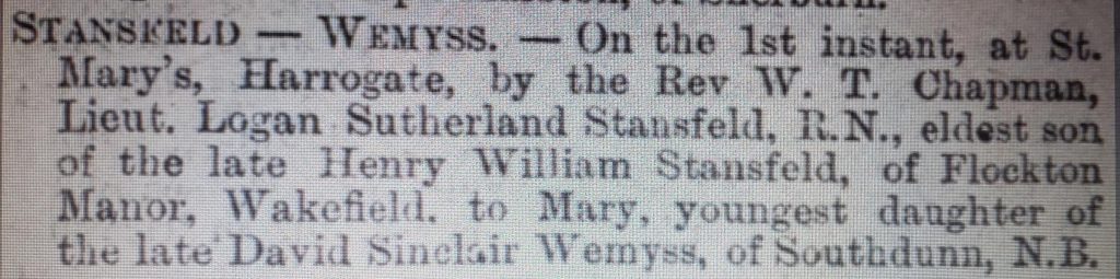Newspaper clipping of the wedding of Logan Stansfeld and Mary Wemyss.