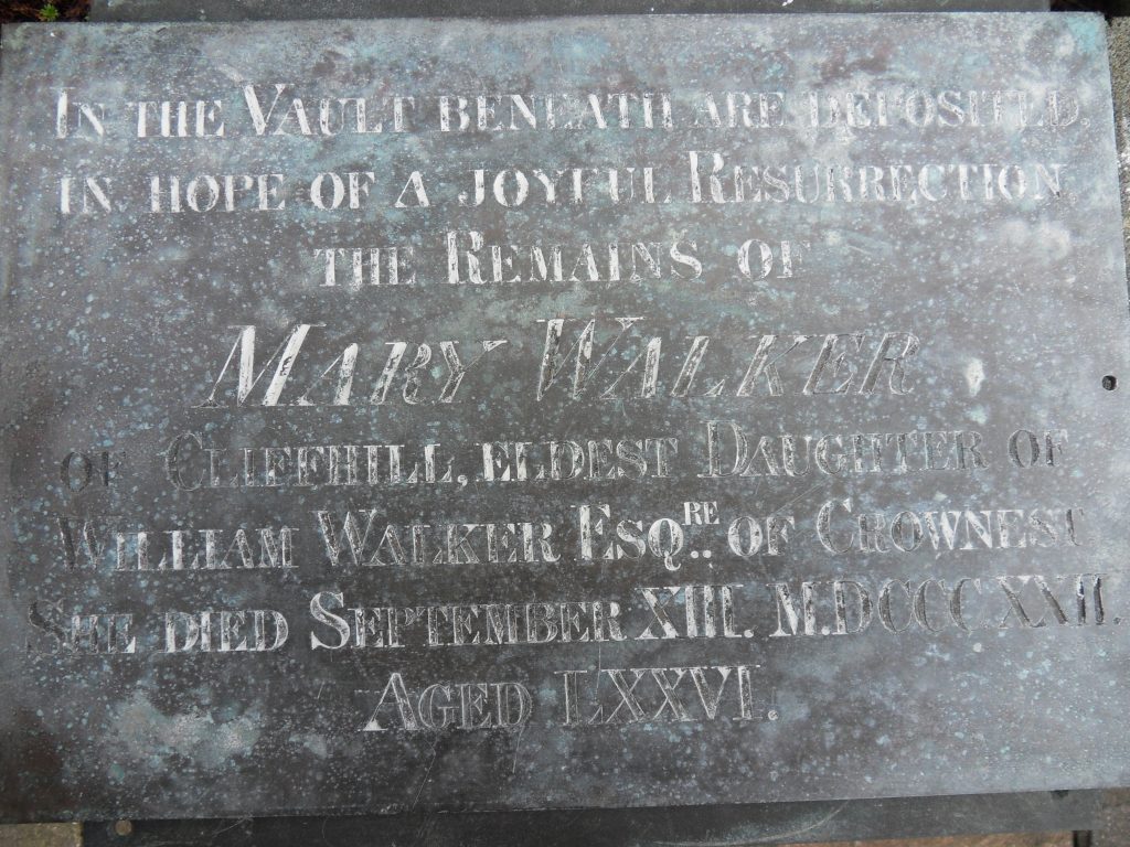 Burial plaque for Mary Walker which is stored in the vestry of St Matthew's Church, Lightcliffe