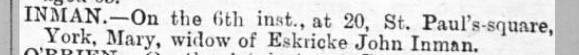 Yorkshire Gazette newspaper announcement of the death of Mary Inman.