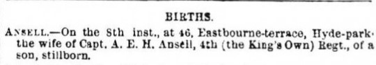 Morning Post newspaper announcement of Sarah & Augustus's stillborn birth.