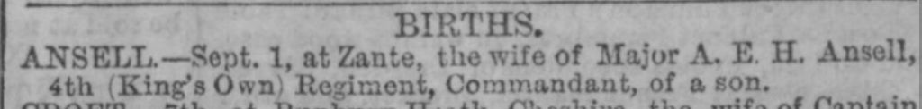 London Evening Standard newspaper announcing Sarah & Augustus Ansell's son's birth at Zante.