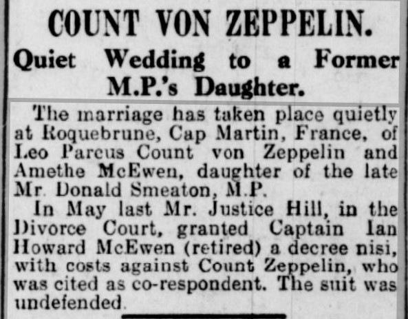 Evening News (London) newspaper announcing Amethe's wedding to Count von Zeppelin