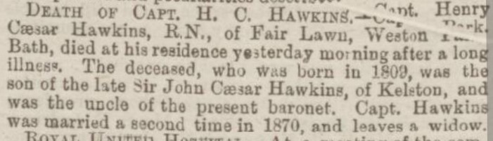 Bath Chronicle and Weekly Gazette  newspaper announcement of the death of Capt H. C Hawkins.