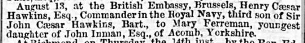 Morning Herald (London) newspaper announcing the marriage of Mary Inman to Capt Henry Hawkins.
