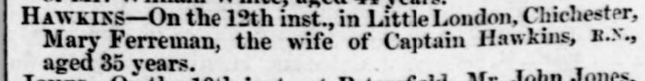 Hampshire Telegraph newspaper announcing the death of Mary F Hawkins at age 35 yrs.