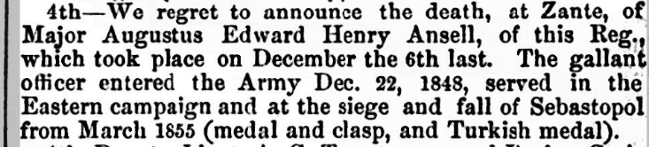  Naval & Military Gazette and Weekly Chronicle of the United Service newpaper announceing the death of Augustus Ansell at Zante.