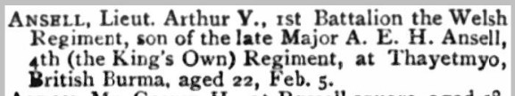 St James's Gazette newspaper announcing the death of young Arthur Ansell at the age of 22 yrs.