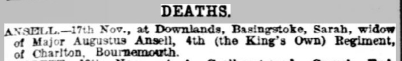 Daily News (London) newspaper announcing the death of Sarah Inman Ansell.