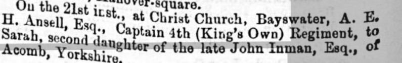 Sun (London) newspaper of Sarah Inman and Augustus Ansell's wedding.