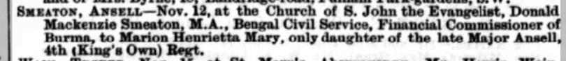 Home News for India, China and the Colonies newspaper on Marian Henrietta remarriage to Donald Mackenzie Smeaton.