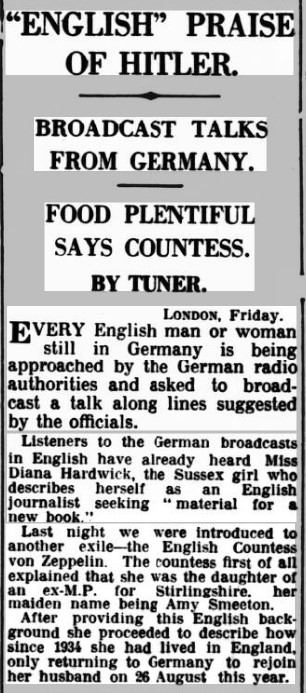 Bradford Observer newspaper about Amethe radio broadcast from Germany.