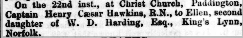 Portsmouth Times and Naval Gazette newspaper of Capt Henry Hawkins remarriage to Ellen Harding.
