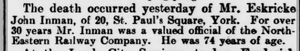 Yorkshire Evening newspaper announcing the death of Eskricke John Inman.