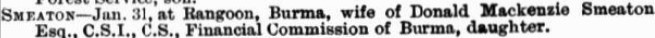 Home News for India, China and the Colonies newpaper of the birth of a daughter to Marian & Donald Smeaton.