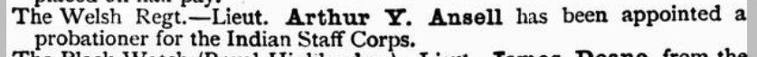 Homeward Mail from India, China and the East newspaper announcing young Arthur Ansell's appointment in the military.