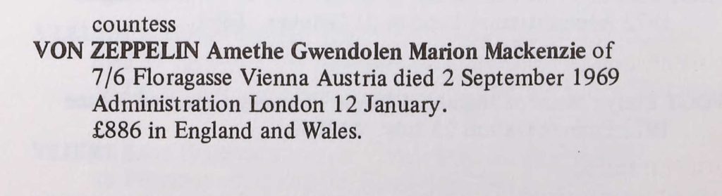 Probate for Countess Amethe Von Zeppelin from Birmingham Archives from Ancestry.com.