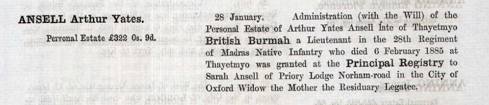 Principal Probate Registry from Ancestry.com for young Arthur Yates Ansell.