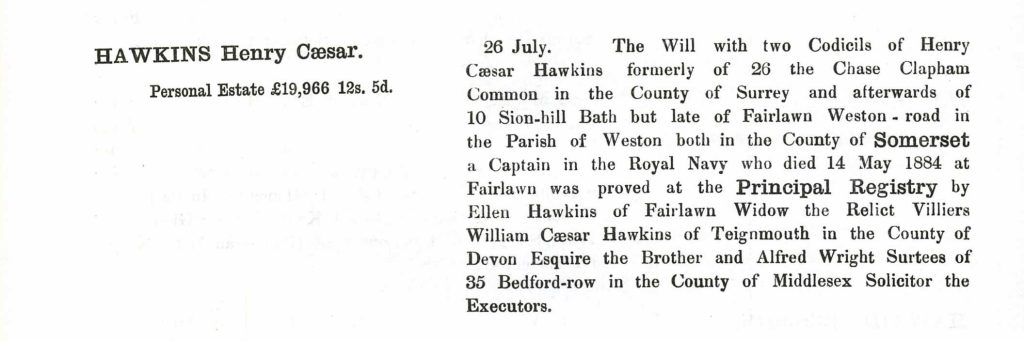 Probate for Capt Henry C Hawkins - Principal Probate Registry from Ancestry.com