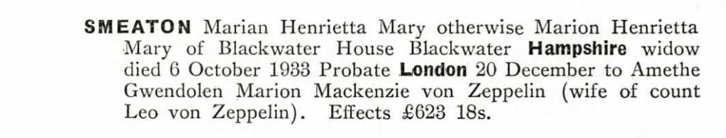 Marian Henrietta Smeaton's probabte - Principal Probate Regsitry from Ancestry.com