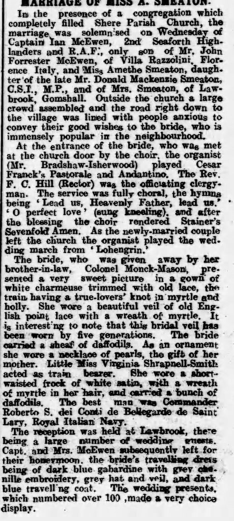 Surrey Times and County Express newspaper account of Amethe Smeaton's wedding to Ian McEwen.