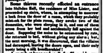 Newspaper article of a break-in at Shibden Hall 1 April 1837 Halifax Express©The British Library Board