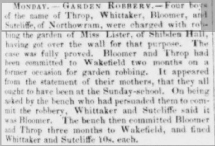 Newspaper on a robbery of Miss Lister's garden 11 September 1841 Halifax Guardian